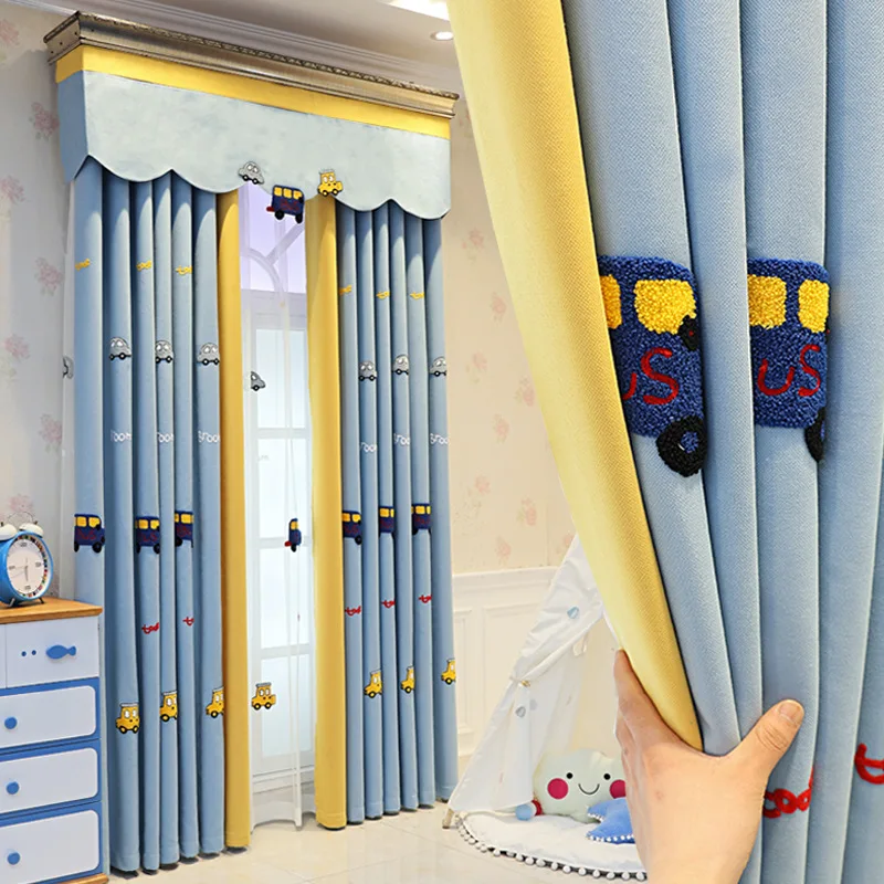 

New Nordic Blue Children's Room Boys and Girls Bedroom Curtains for Living Room Cartoon Car Stitching High Shading Winodw Kids