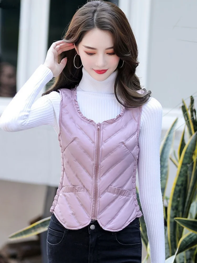 Women's Fashion Inner Wear Solid Color Slim-fitting Vest Retro Round Neck Zipper Women's Vest Jacket Autumn and Winter