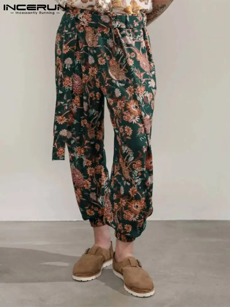

Casual Well Fitting New Men's Long Pants Streetwear Pantalons Stylish Male All-match Floral Lace-up Trousers S-5XL INCERUN 2022