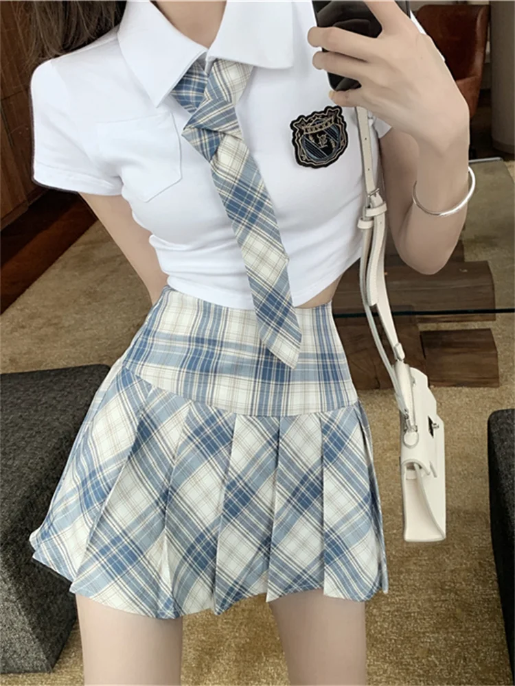 

Preppy Suit White Shirt Short Sleeve Blue Plaid Skirt 2022 New Summer Student Uniform JK Pleated Skirt Two-piece Set