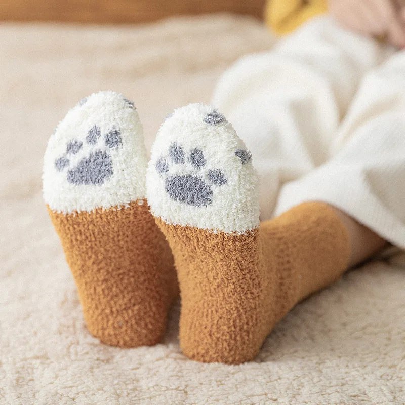funny women winter warm fuzzy thicken cotton socks cute cat paw cartoon plush female house floor sleeping sock calcetines mujer free global shipping