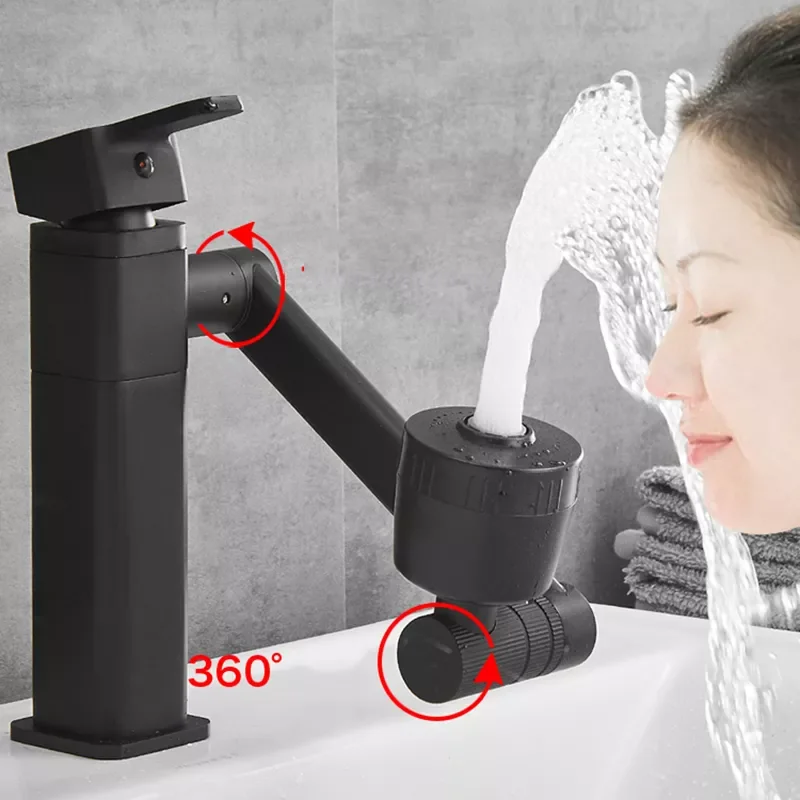 

360°rotating Bathroom Sink Mixer Cold and Hot Can Extend Black Tap Brass Material Height Can Be Adjusted
