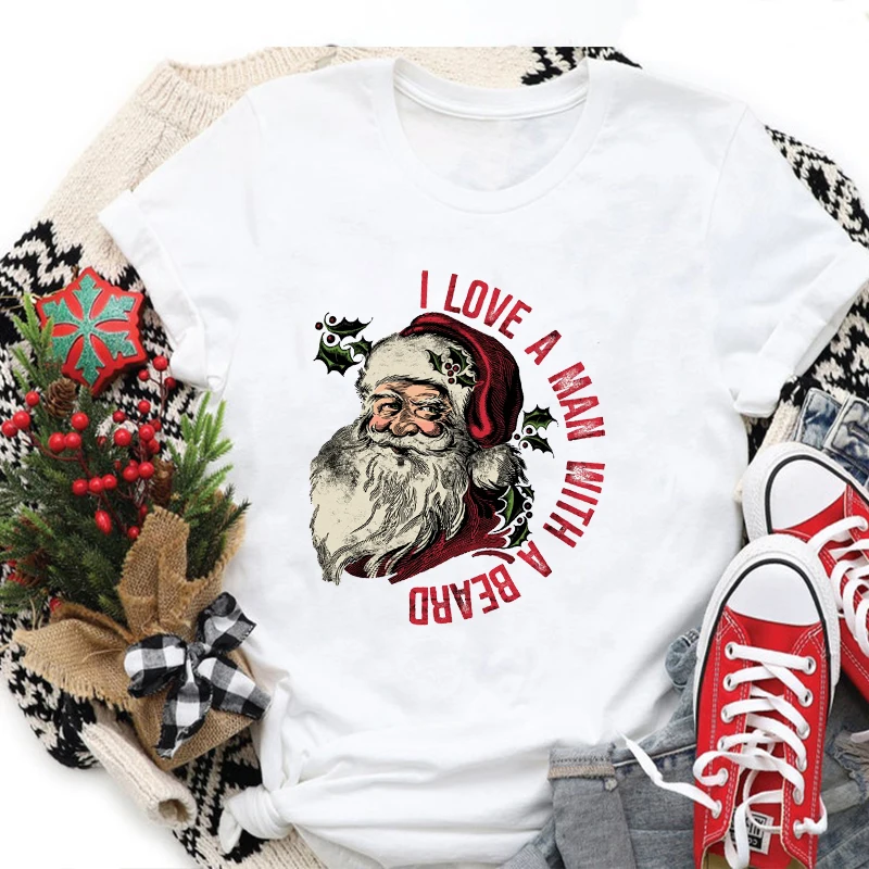 

I Love A Man with A Beard Santa Christmas Tshirt Funny Santa Beard Shirts Cute Christmas for Women Graphic Christmas Tee L