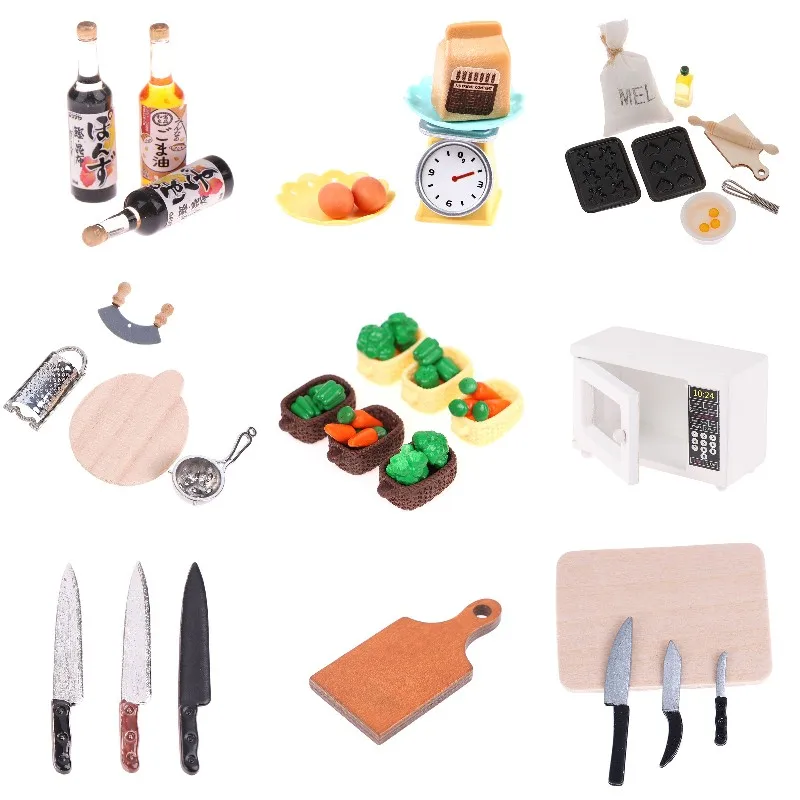 

1:12 Dollhouse Miniature Kitchen Tool Oven Frying Pan Cutting Board Knife Cleaver Pepper Carrot Vegetable Bread Basket Food Toys