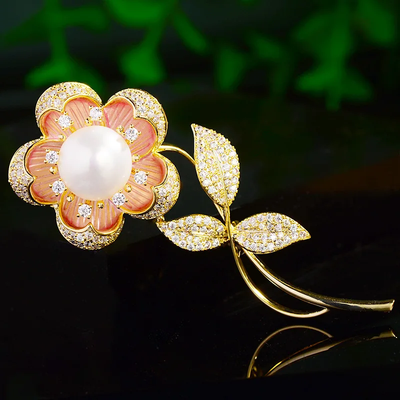 Женская эмалированная брошь в форме цветка, с жемчугом