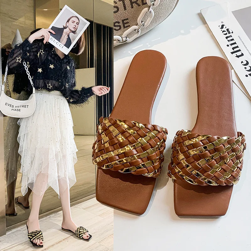 Summer Women Square Toe Flat Slippers Women's Casual Flip Flops Beach Sandals Ladies Flat Fashion Sandals Woman Weave Shoes