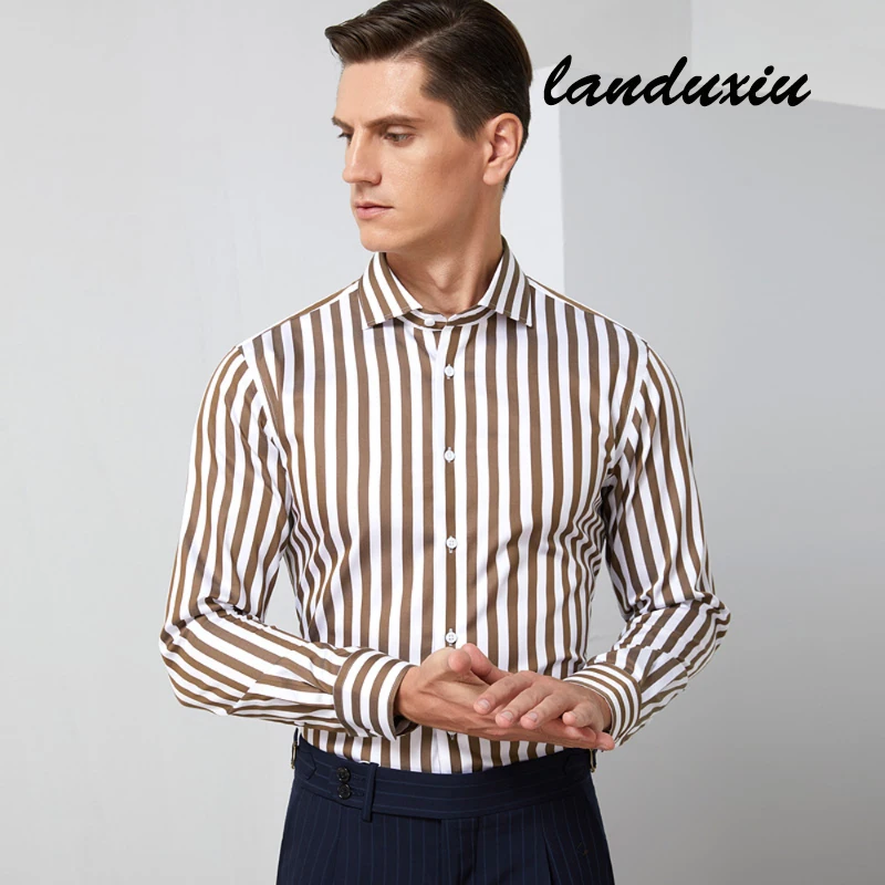 

Men's Classic Long Sleeve Cutaway-collar Non-iron Dress Pocketless Quality Comfortable Cotton Business Striped Shirts landuxiu