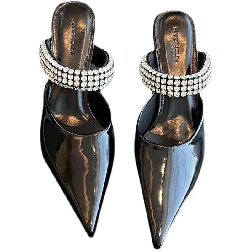 Women Japanned Leather Band Pointed Toe Slippers Crystal High Heels Party Shoes Backsling Sandalias Mujer Sandals