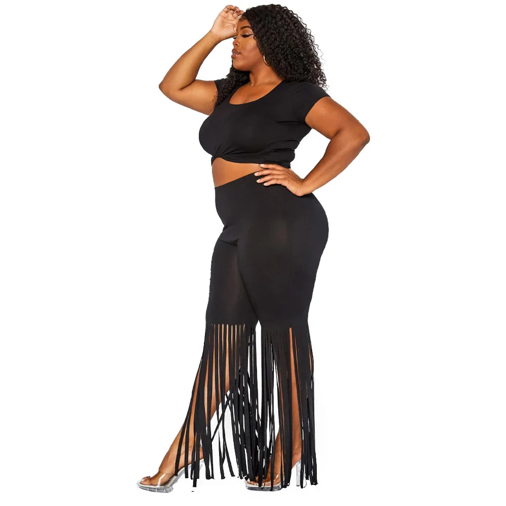 Plus Size 2023 Fashionable New Women's Summer Solid Color Short-sleeved Top Casual Tassel Capris Slim Two-piece Set