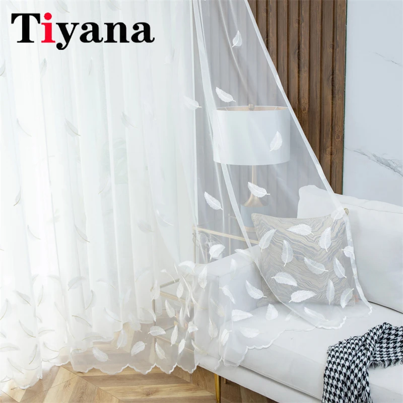 

French White Embroidery Feather Bedroom Sheer Tulle Curtains For Living Room Window Drapes Balcony Transparent Tulle Curtains