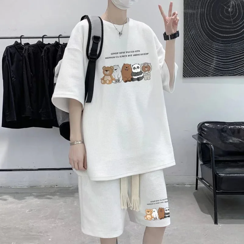 Summer Men Tracksuit Korean Fashion Streetwear Luxury Rock Short Suit Funny Bear Tshirt s Shorts 2 Piece Set Clothes For Men
