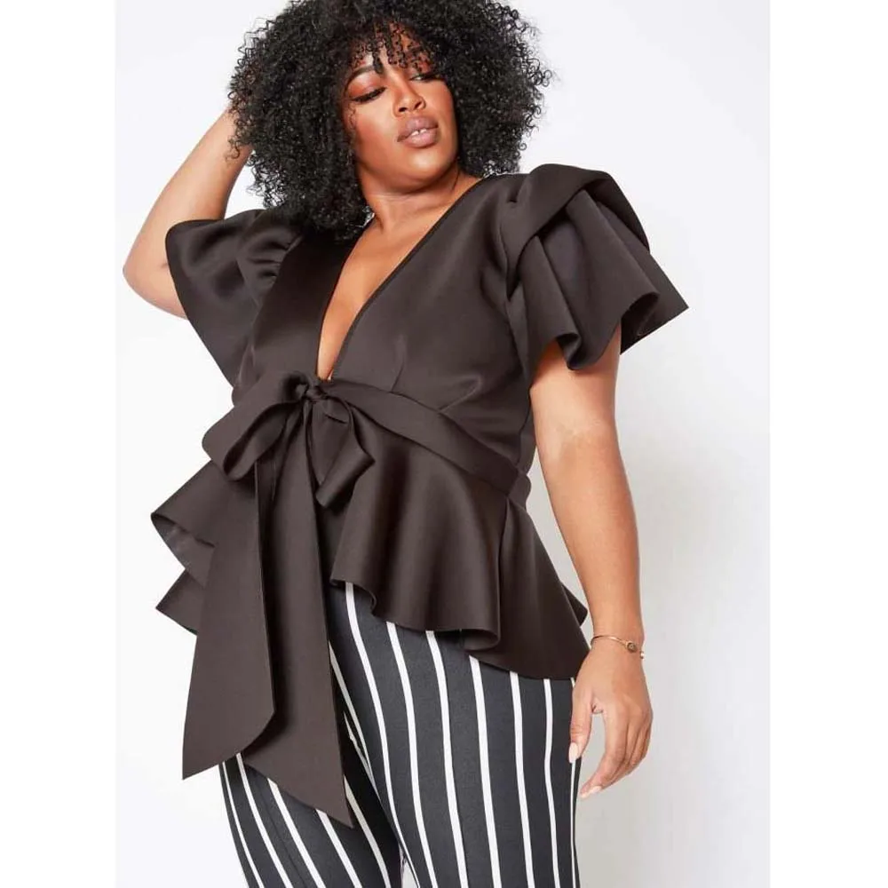 

Elegant Ruffle Women Blouses V-neck Black Pullover Tops For Women African Fashion Office Lady Casual Street Blousa Shirts Summer