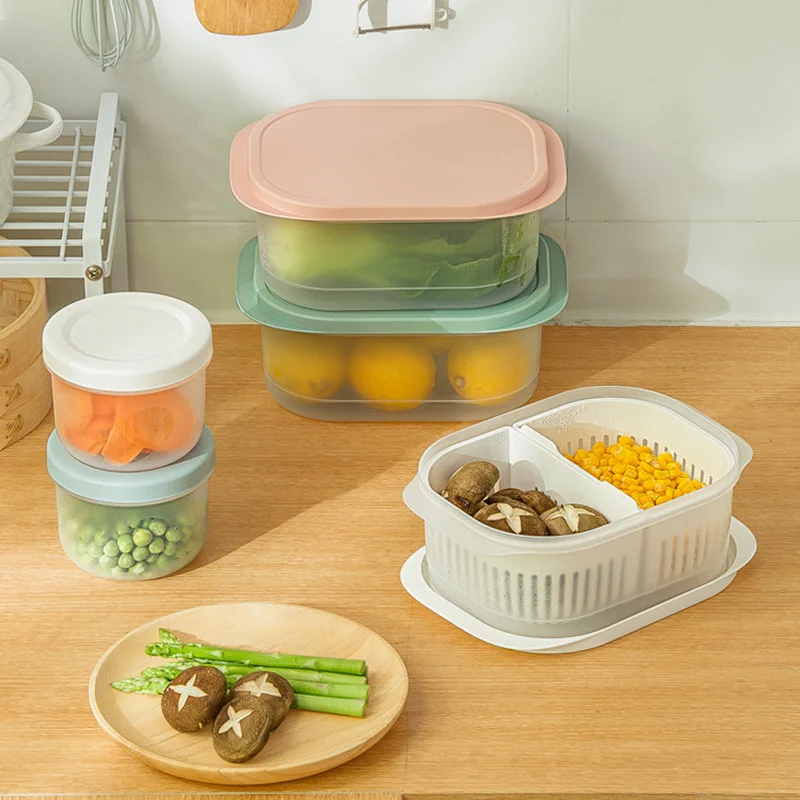 

Refrigerator Fruit Drainer Double Layers Refrigerator Organizer with 2 Grids & Lids Stackable PP Kitchen Storage Box YN17