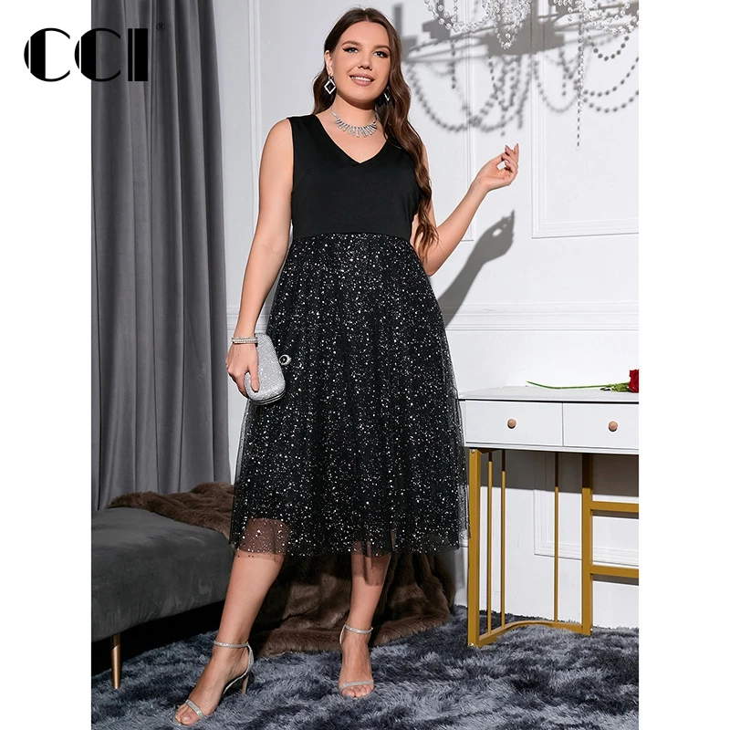 

CCI 2022 Summer Plus Size Women Dress Fashion Elegant V-Neck Mid Waist Party Dresses Sequined Tulle Patchwork Large Frock YJ005B