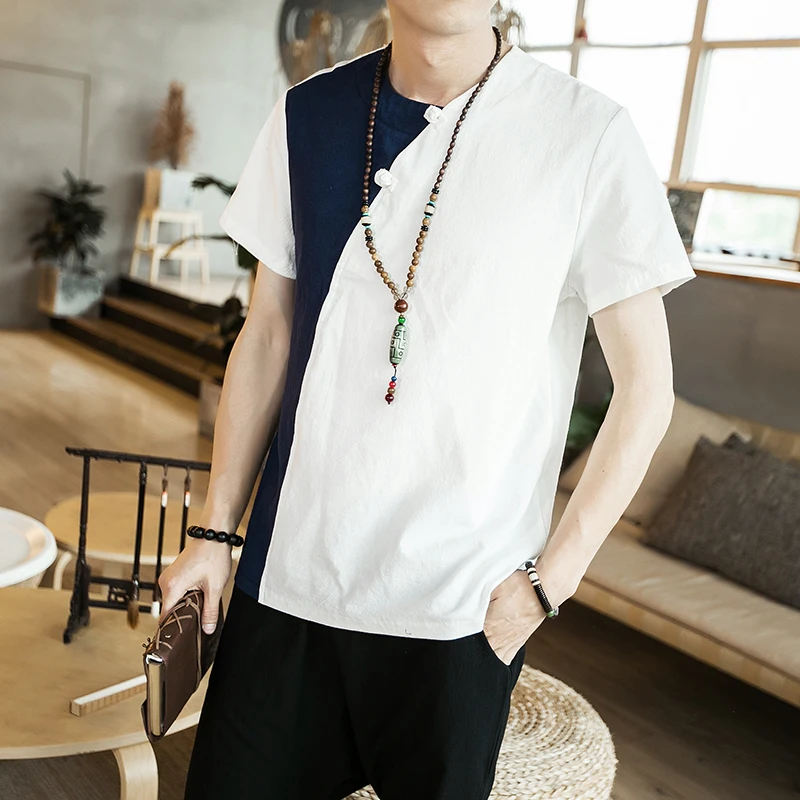 

Chinese Men's Original Colour Blocking T-shirt Spring and Summer Martial Arts Kung Fu Tops Zen Tea Casual Vintage Shirt