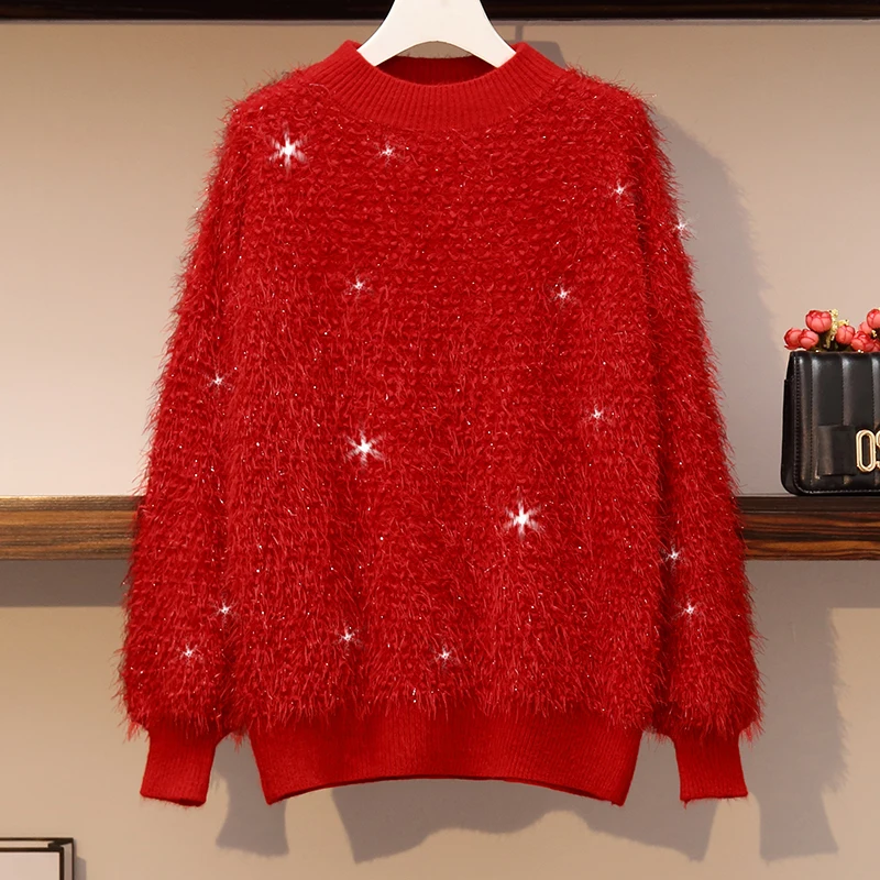 

2022 New loose pregnant women bright silk bat sleeve thick sweater White