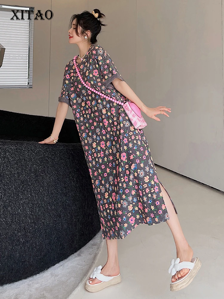 

XITAO Split Dress Print Pattern Floral Loose Small Fresh Casual Style 2022 Summer Minority Elegant Long Dress Top WLD7801