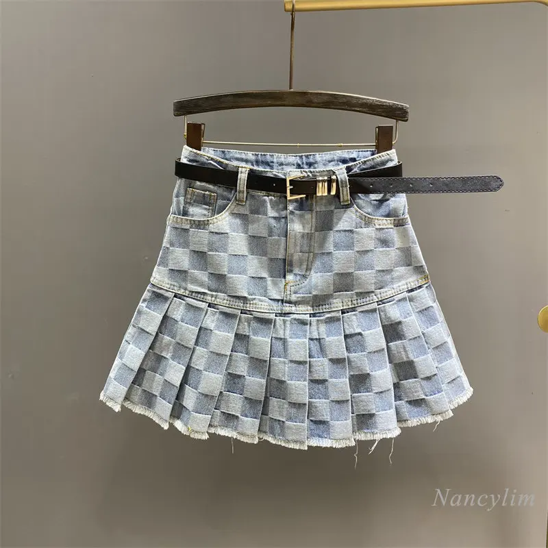 

2023 Summer New Plaid High Waist Denim Pleated Skirt Women's Short Skirts Anti-Exposure Slimming A- Line Girls Students Jupe