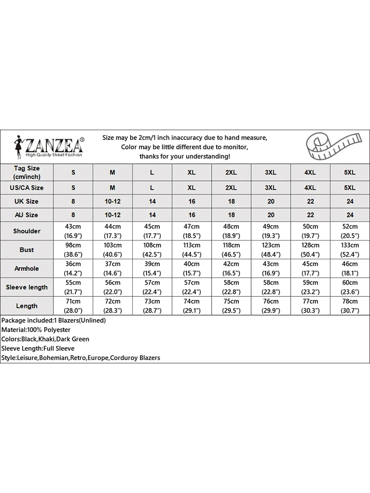 Винтажный вельветовый Блейзер ZANZEA женский костюм с длинным рукавом отложным