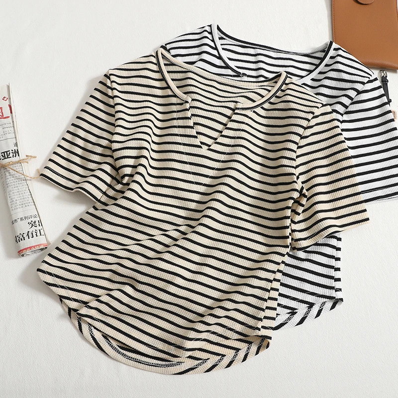 

Small V-Neck Pinstripe Short Sleeve T-Shirt Women 2022 Summer New Slim Cropped Tops Fashion Casual Vintage T-Shirt