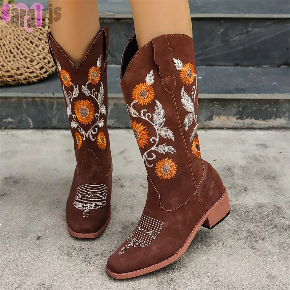 

Western Cowboy Retro Women's Mid Calf Boots Square Toe Chunky Low Heels Embroider Vintage Shoes Cowgirl Booties Big Size 36-43