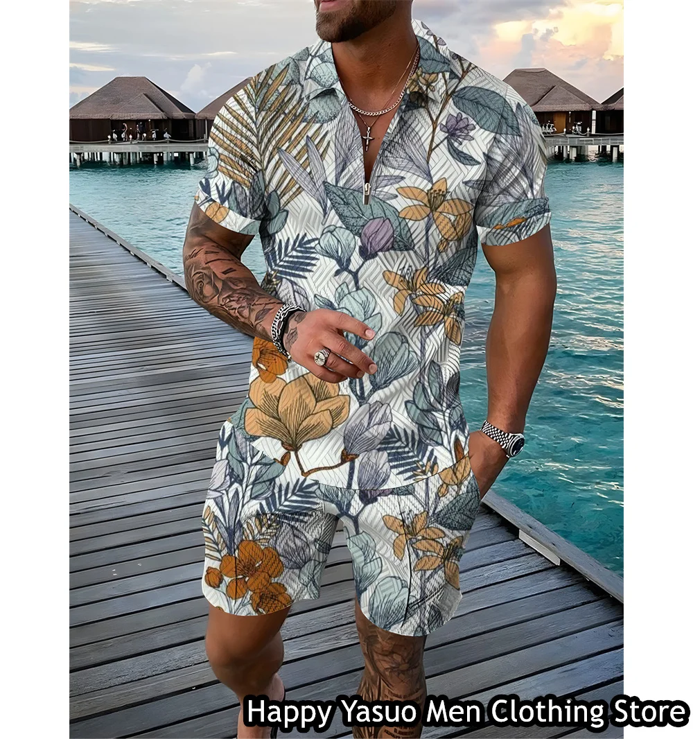 New Men Summer Vintage Polo Shirt Shorts Man Floral Printing Polo Set Hawaiian Vacation Style Outfit Male Casual Suit Clothing