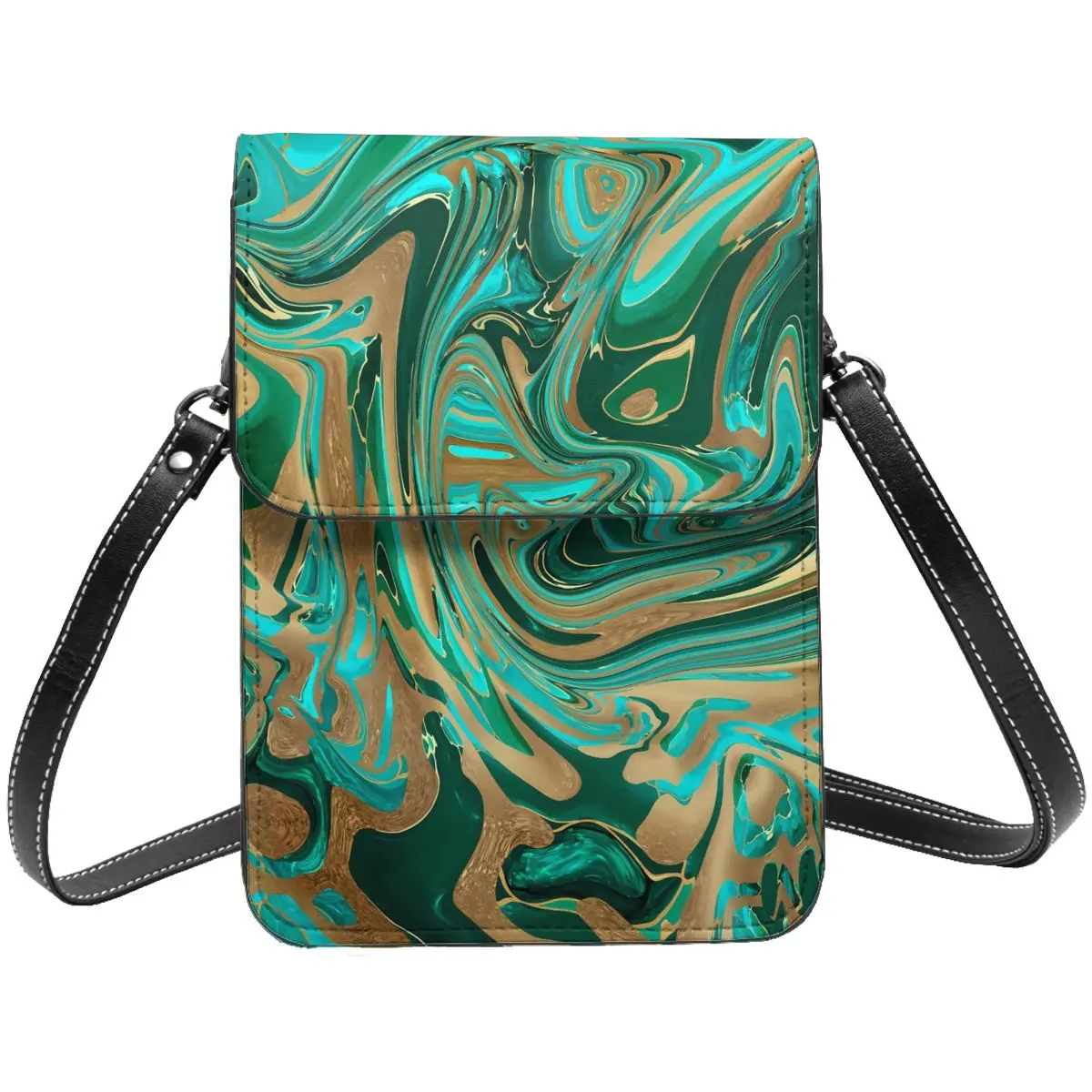 

Marble Print Shoulder Bag Green Gold Liquid Outdoor Leather Mobile Phone Bag Woman Gift Funny Bags