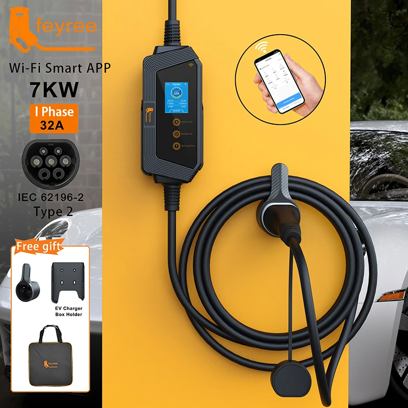 feyree Portable EV charger Type2 32A 7KW Fast Charging for Electric Vehicle APP Wi-Fi Control by Setting Current & Charging time