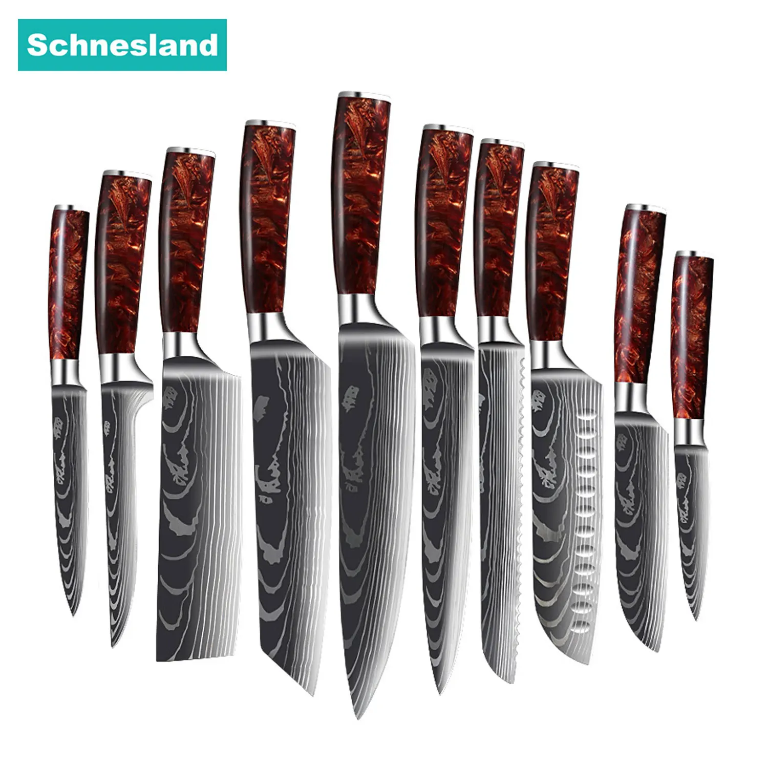 

Набор кухонных ножей Schnesland, универсальный шеф-нож сантоку и Мясницкий резак с лазерным узором из дамасской смолы