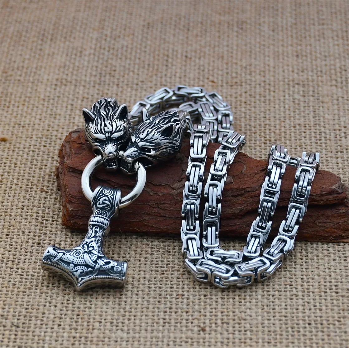 

Viking Wolf Head King Chain Necklace Nordic Odin Thor's Hammer Men's Rune Amulet Accessories Viking Jewelry