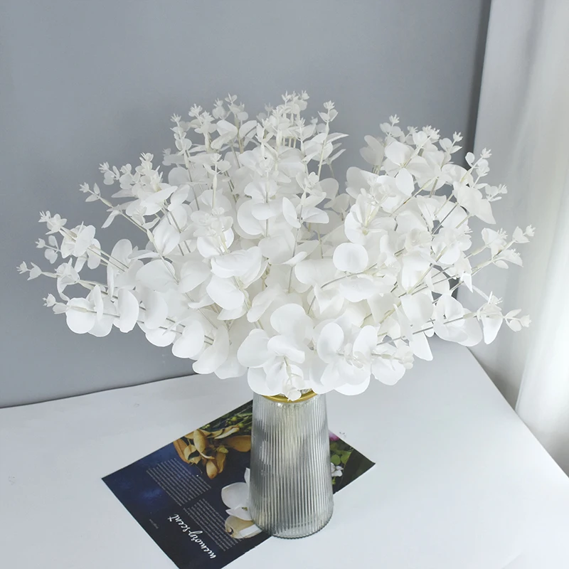

Artificial Flowers White Eucalyptus Faux Leaves Branch Fake Plants Wedding Bouquet DIY Home Wreaths Decoration Flower Arrangment