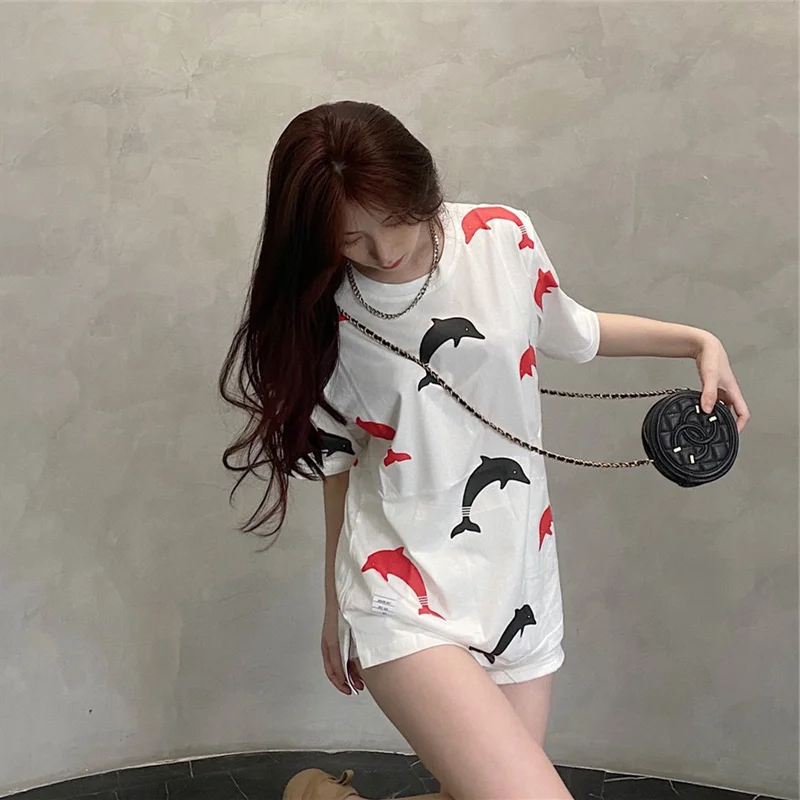 tb dolphin print loose round neck short-sleeved T-shirt women's summer Korean version of cotton half-sleeved couples trend