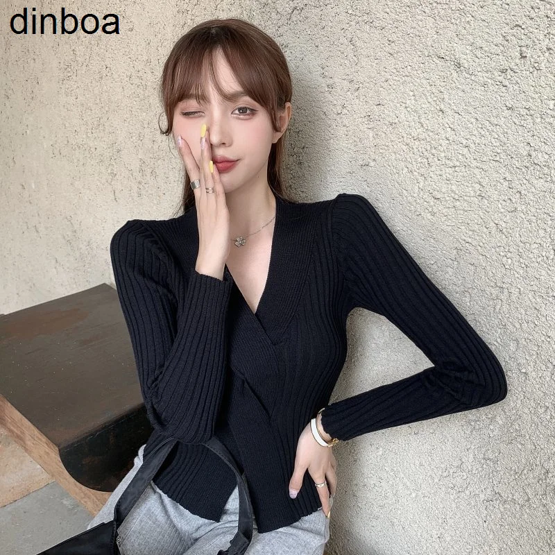 

New Autumn Winter Sweater Y2k Women v Neck Collar Twist Knitted Sweaters and Pullovers Black Khaki White Rib Cotton Ladies Tops