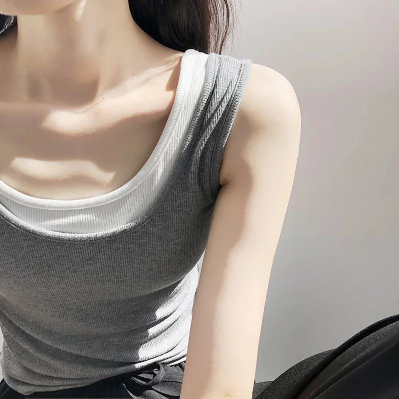 

2021 Women Summer Fake Two Pieces Foldable Inner Stretch Threaded Vest Thin Gray Top Female Korean Sleevess Y2k Tanks Vest Bts