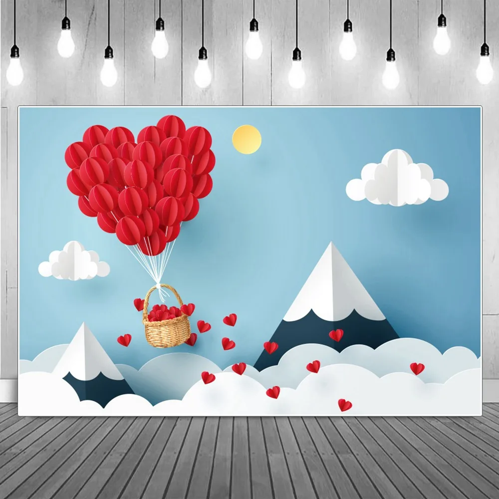 

Photography Backdrops February 14 Valentine's Day Decoration Red Hot Heart Balloon Love Clouds Mountain Studio Photo Backgrounds