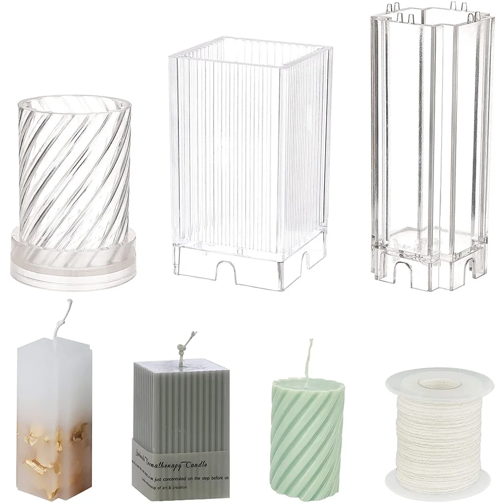 

4pcs Plastic Candle Molds Column Rectangle Cross Pillar Shape Candle Molds Transparent Plastic Candle Mold Set with 61m