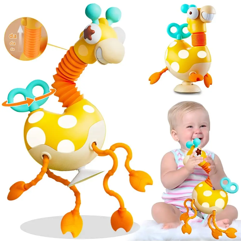 

Baby Sensory Toys Montessori Food Grade Silicone Pull String Activity Toy,Giraffe Toy with Twisting Clockwork & Neck Pop Tube