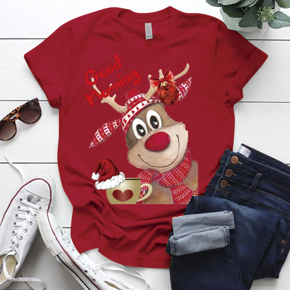 Seeyoushy Christmas Reindeer Good Morning Printed Holiday Women Tshirts Funny Cute Tops Christmas T Shirt for Ladies Tees Tops