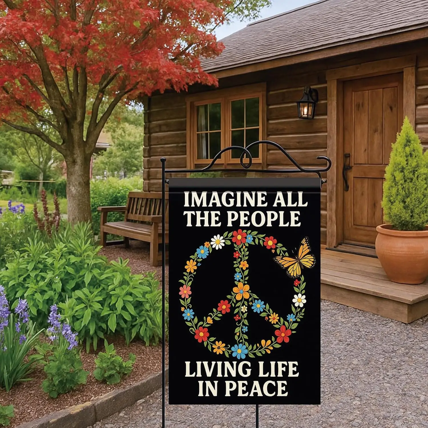 Фото Флаг Peace House 28x40 дюймов, с надписью «Imagine All The People», садовый флаг, двусторонний, с бабочками и цветочными венками, Yar EEZ №4