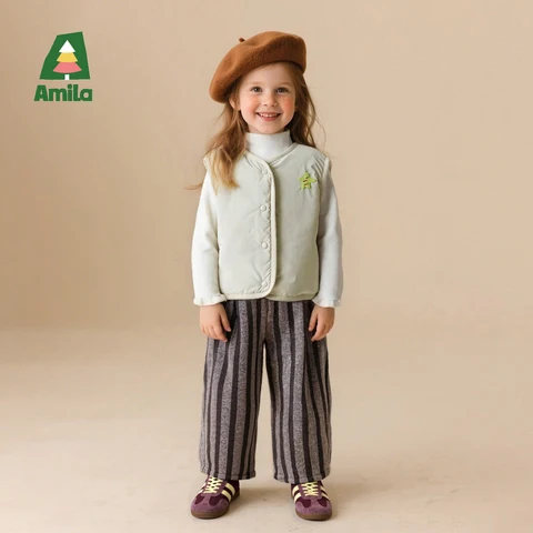 Детский зимний двусторонний жилет Amila для девочек, один однотонный, утолщенный в клетку из флиса ягненка, теплый, легкий, дышащий