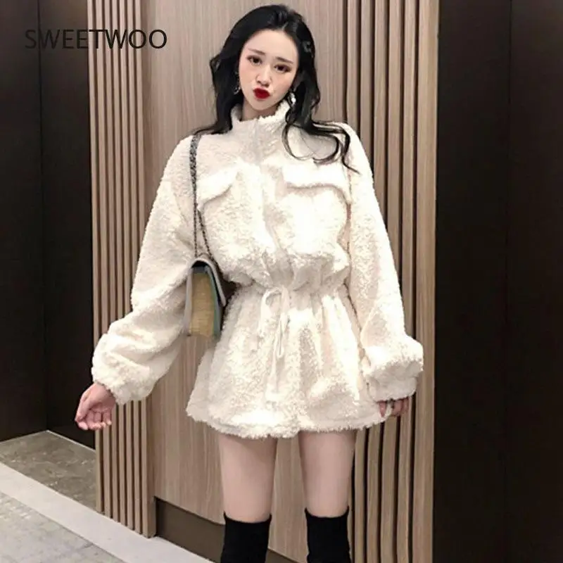 Winter Soft Warm Thick Faux Fur Coat Women Drop Shoulder Long Sleeve Zipper Drawstring Fluffy Jacket Korean Fashion Slim 2022