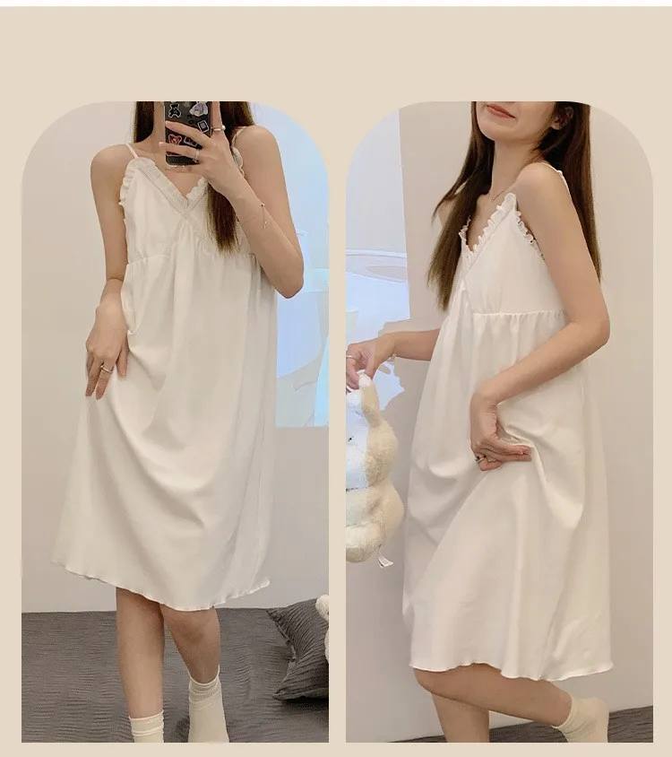 Yasuk Spring Summer Women's Casual Girl Solid Lovely Pullover Sleepwear Pajamas Set Skirt Long Nightdress Lace Sleeveless