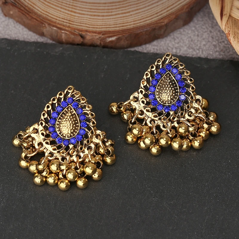 

Jhumka индийские серьги с голубым кристаллом циркония для женщин серьги классические барокко колокольчик кисточка висячие серьги