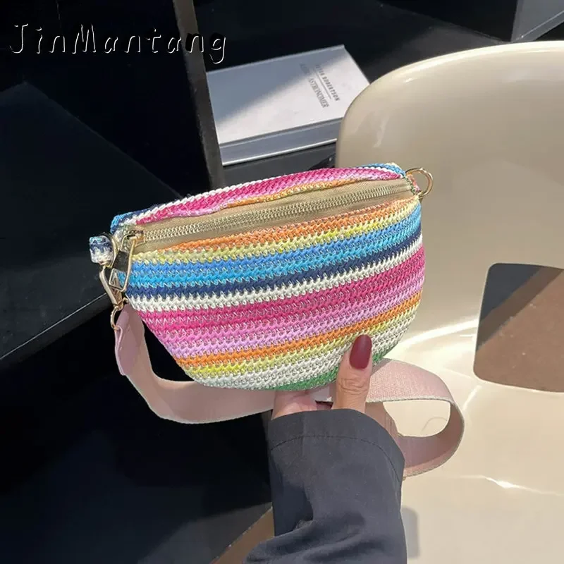 

Casual Waist Bags For Women Chest Luxury Design Banana Fashion Straw Woven Fanny Pack Travel Shoulder Crossbody Packs