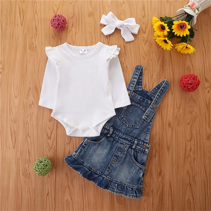 

Toddler Baby Girl Clothes Sets 2022 Spring Solid Long Sleeve Romper+Denim Strap Dress Suit Autumn New Cotton Children's Clothing