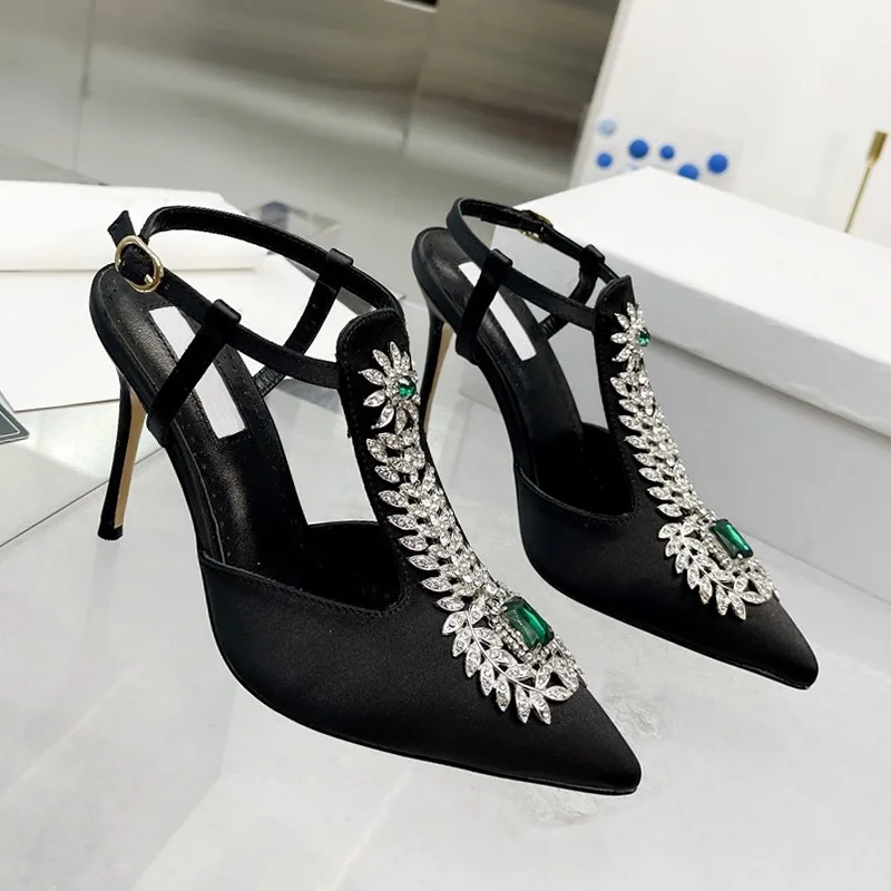 2023 Spring and Summer Rhinestone Sandals Pointed Toe Buckle Baotou Stiletto Satin Crystal High Heels Women