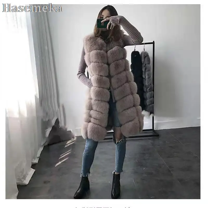 Natural Fox Fur Vest Coat 90CM Long Fur Outerwear Women Fashion Fur Jacket Slim Leather Grass Overcoat Lady Fox Vest Winter Fall