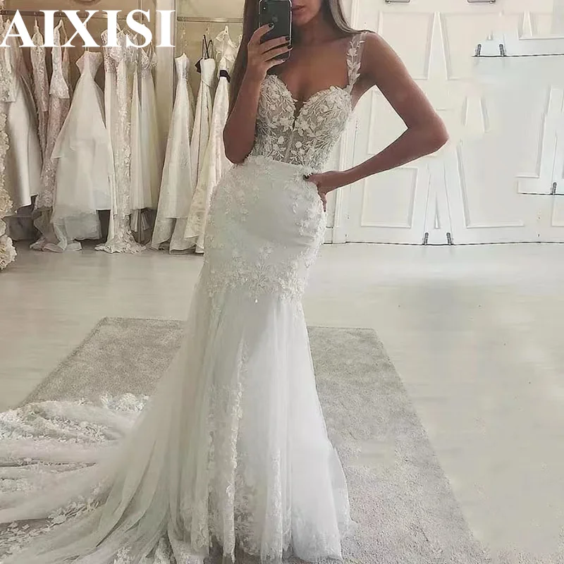 

AIXISI Sweetheart Mermaid Wedding Dresses Lace Appliques Simple Backless Sleeveless Brush Train Wedding Gown Vestido de novia