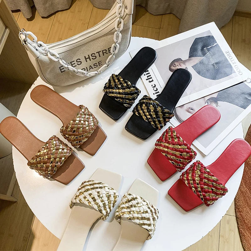 

Weave Women Slippers 2023 Summer Casual Beach Slippers Women Indoor Home House Shoes Woman Designer flip flops Slides Size 42