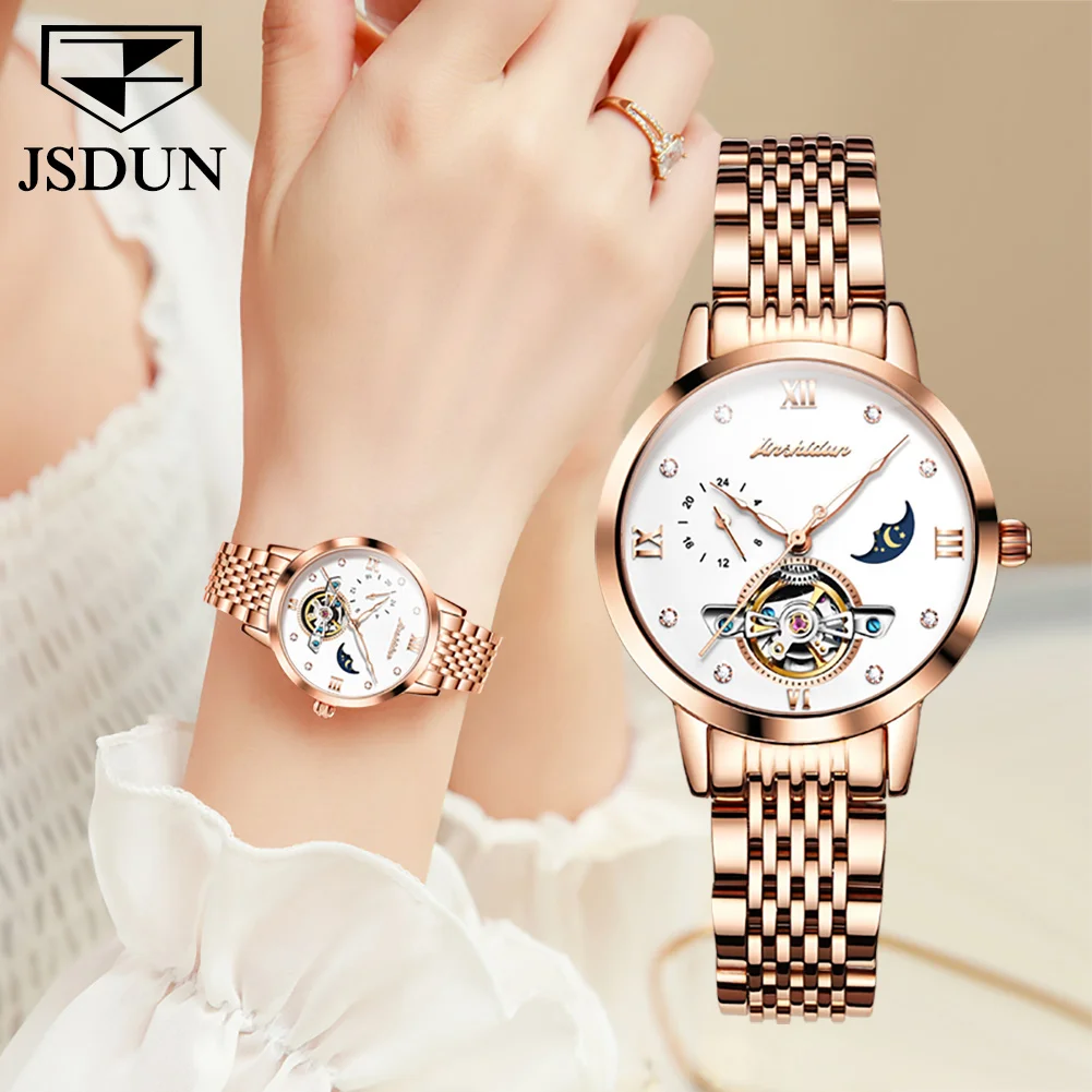 JSDUN Automatic Self-wind Mechanical Watch for Women Skeleton Design Diamond Watch Moon Phase Stainless Steel Watch Gifts Women